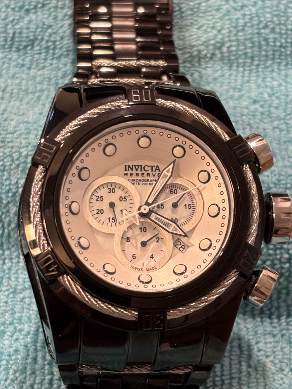 Men’s 12752 Reserve Bolt Zeus Black and Silver Chronograph Watch